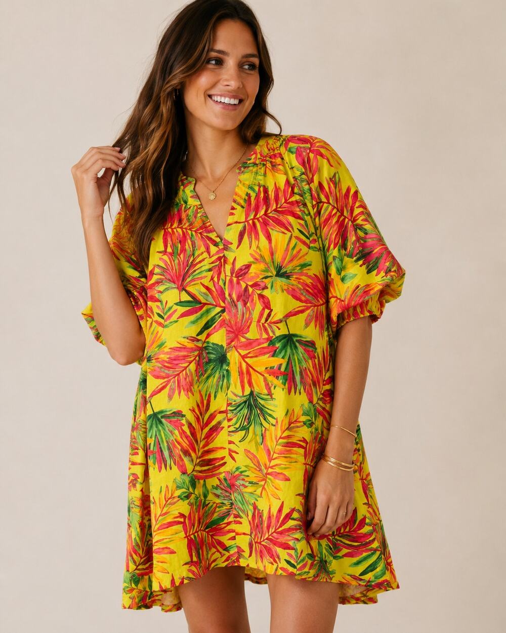 Magaschoni Women's 100% Linen Neon Tropical Palm Print Lined Dress Vacation